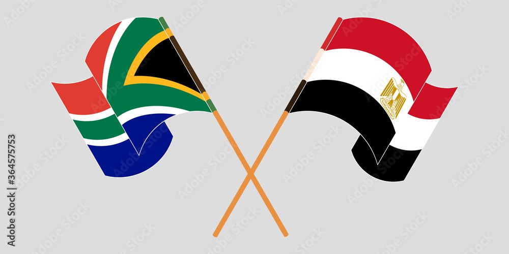 Crossed and waving flags of Egypt and Republic of South Africa Crossed and waving flags of Egypt and Republic of South Africa
