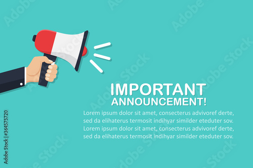 Hand holding megaphone with important announcement in a flat design
