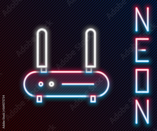 Glowing neon line Router and wi-fi signal icon isolated on black background. Wireless ethernet modem router. Computer technology internet. Colorful outline concept. Vector Illustration.