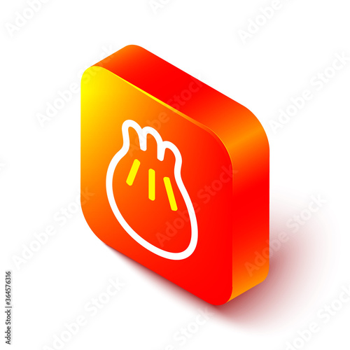 Isometric line Khinkali on cutting board icon isolated on white background. Traditional georgian dumpling. Orange square button. Vector Illustration.