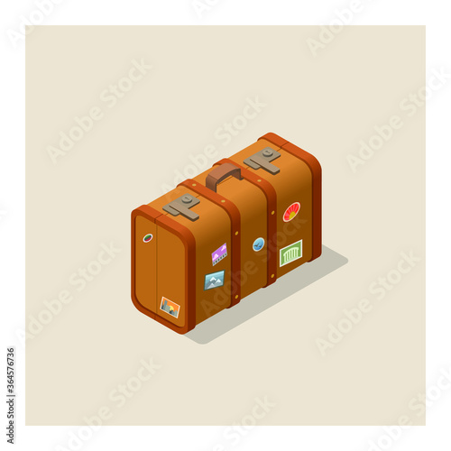 Vector isometric illustration of brown vintage leather baggage suitcase with stickers.