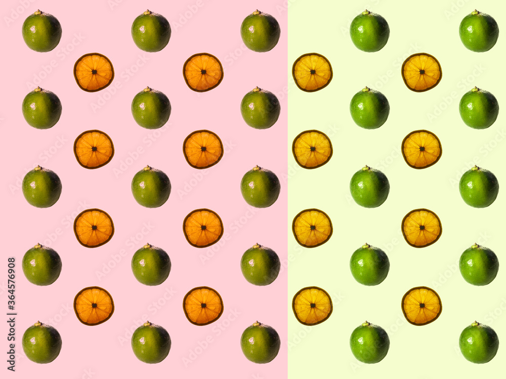 Pattern of fresh fruits slices on pastel background from top view. Pattern of fresh fruits slices on pastel background from top view.