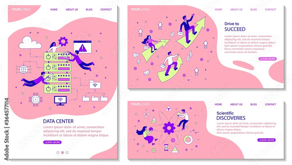 Three different business template designs with copyspace for text with diverse people in a data centre, ambition and success and scientific discoveries, colored vector illustration