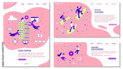 Three different business template designs with copyspace for text with diverse people in a data centre, ambition and success and scientific discoveries, colored vector illustration