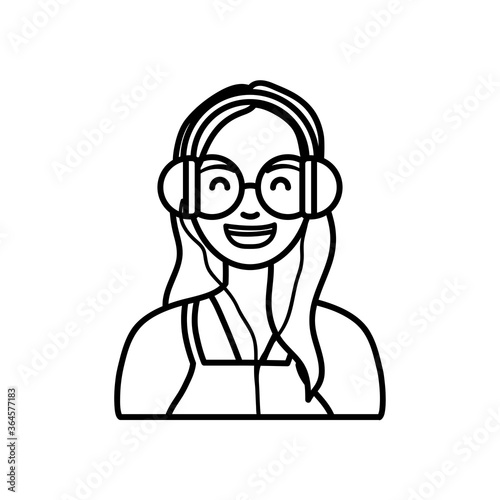 diversity people concept, young woman with round glasses and headphones, line style
