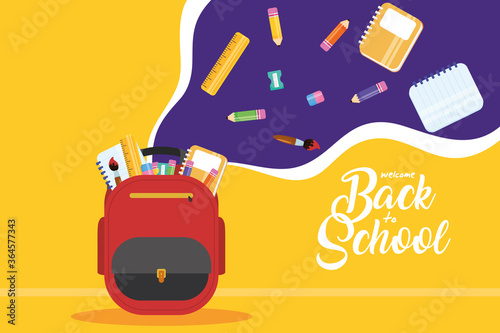 back to school poster with schoolbag and supplies