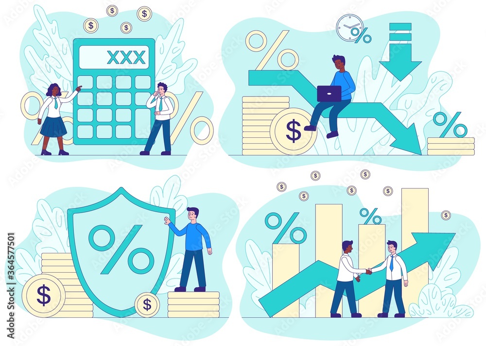 Credit concept with 4 different financial and business scenes showing percentages, statistical performance and calculations and accountancy, colored vector illustration