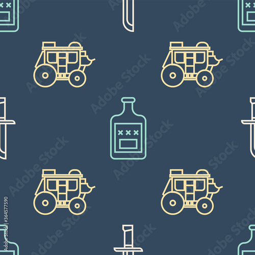 Set line Military knife, Western stagecoach and Whiskey bottle on seamless pattern. Vector.