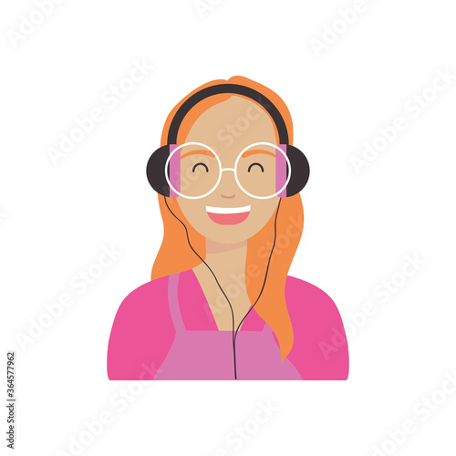 diversity people concept, young woman with round glasses and headphones, flat style