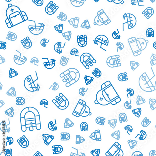 Set line Rafting boat, Hiking backpack and Coconut cocktail on seamless pattern. Vector.