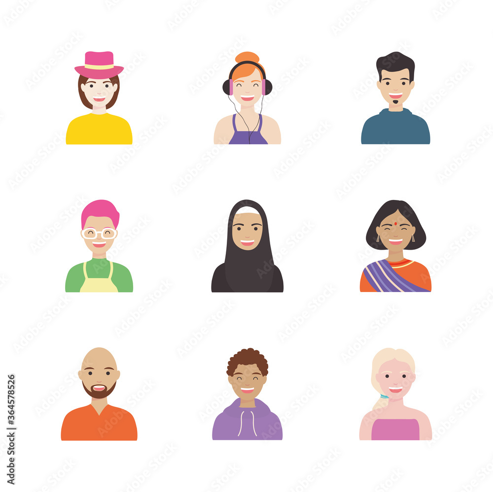 hindu woman and diversity people icon set, flat style hindu woman and diversity people icon set, flat style