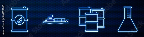 Set line Barrel oil, Bio fuel barrel, Oil tanker ship, Oil petrol test tube and Canister for gasoline. Glowing neon icon on brick wall. Vector.