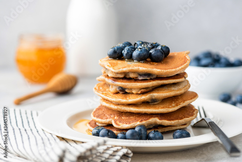 Homemade pancakes with blueberries. Stack of tasty pancakes