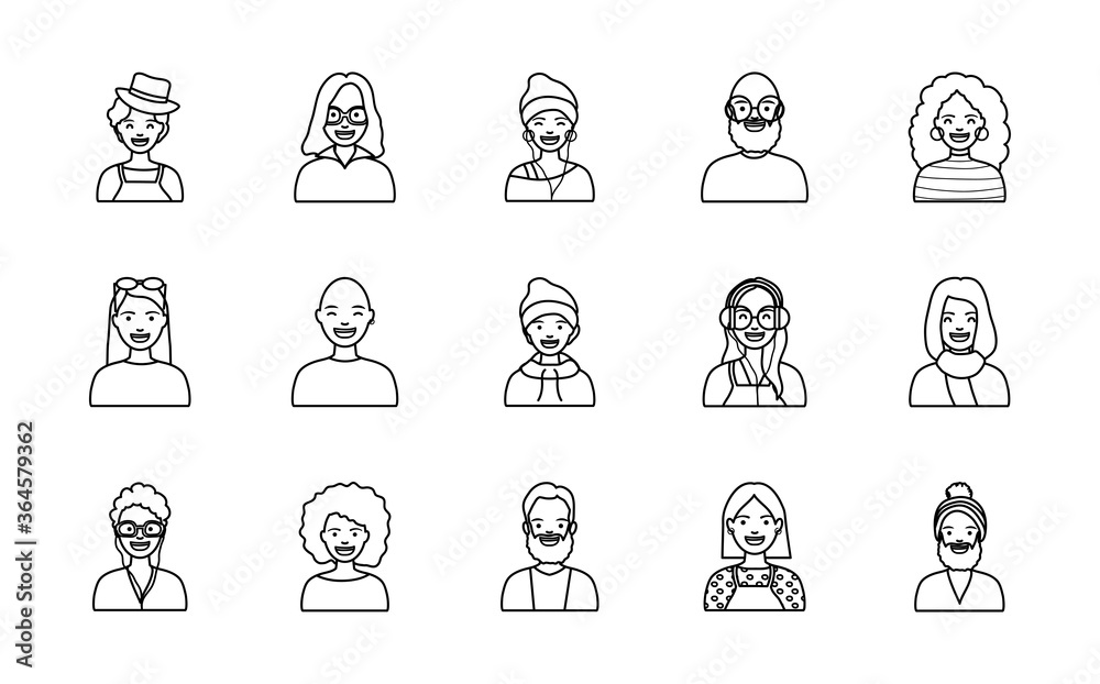bald man and diversity people icon set, line style bald man and diversity people icon set, line style
