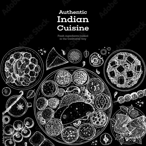 Indian food illustration. Hand drawn sketch. Indian cuisine. Doodle collection. Vector illustration. Menu background. Engraved style.
