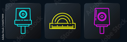 Set line Spray can nozzle cap, Spray can nozzle cap and Protractor. Black square button. Vector.