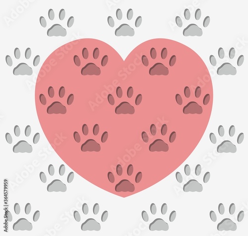 Print of prints of cat's feet on a pot-bellied pink heart and a gray background. Volumetric concave cat track. The kitten was selling a heart. Endless seamless vector flat design