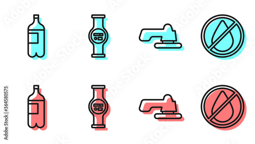 Set line Water tap, Bottle of water, Water meter and Water drop forbidden icon. Vector.