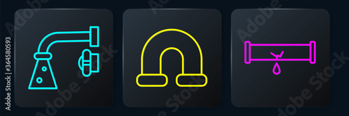Set line Water tap, Broken pipe with leaking water and Industry metallic pipe. Black square button. Vector.