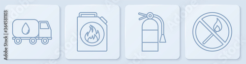 Set line Water delivery truck, Fire extinguisher, Canister for flammable liquids and No fire match. White square button. Vector.