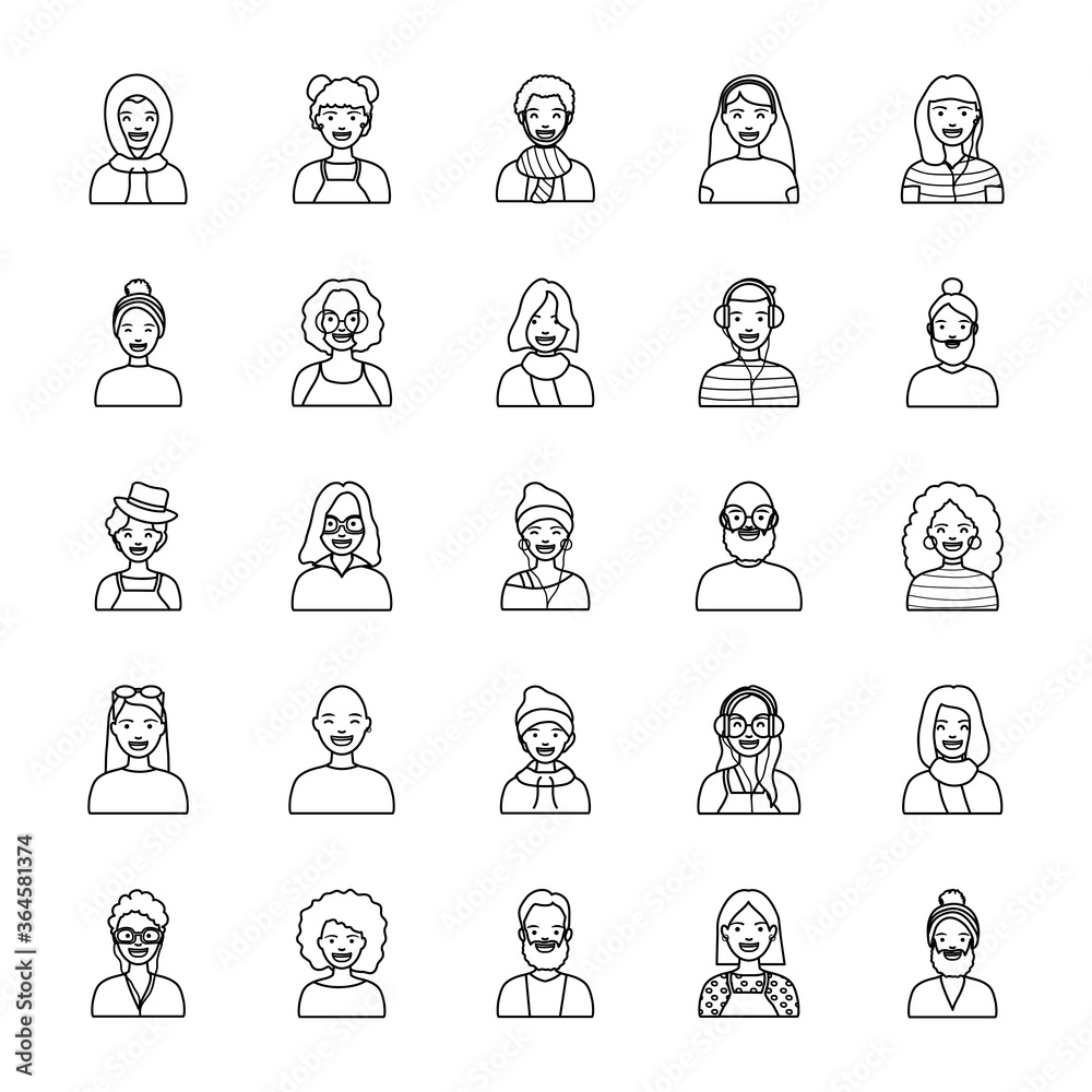 cartoon men and diversity people icon set, line style cartoon men and diversity people icon set, line style