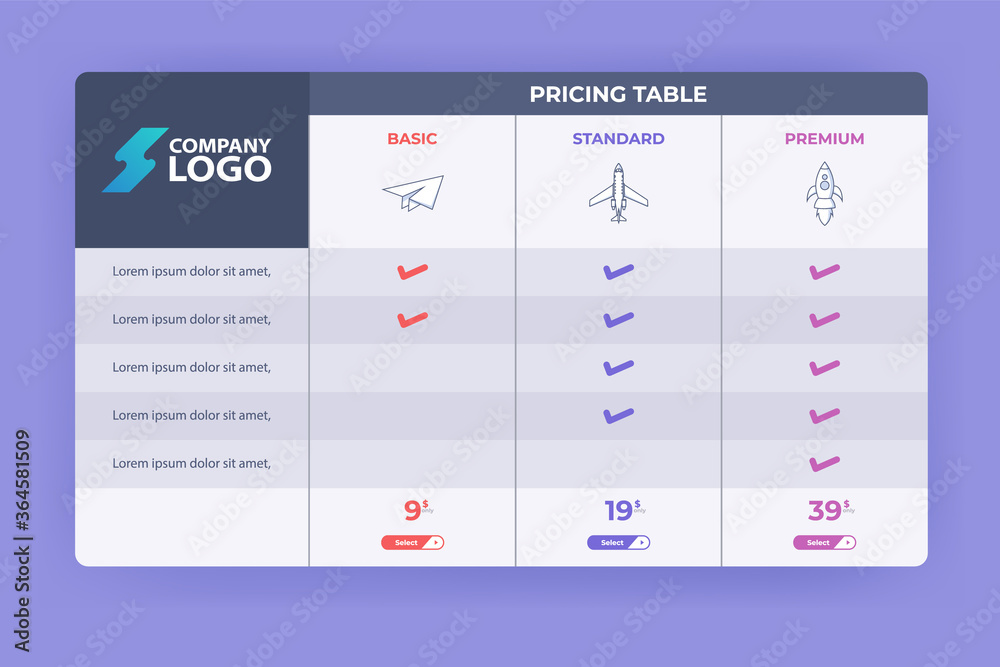 Modern Pricing Table Design with three Subscription Plans. Flat infographic pricing table design template for website or presentation.