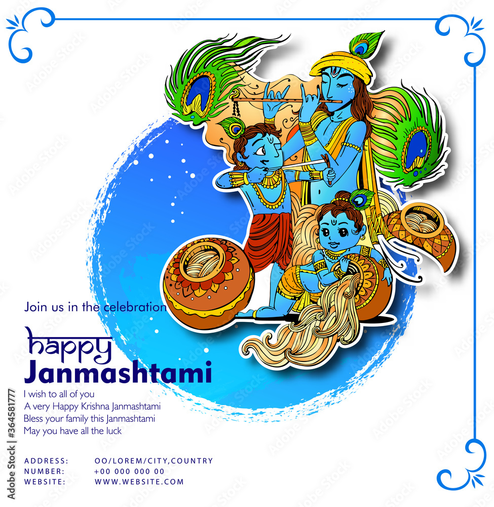 Celebrate illustration of banner, card poster for Lord Krishna playing bansuri (flute) in Happy Janmashtami festival of India ,Shri Krishan Janmashtami