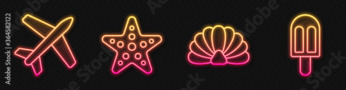 Set line Scallop sea shell, Plane, Starfish and Ice cream. Glowing neon icon. Vector.