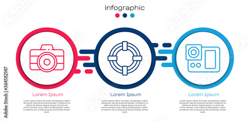 Set line Photo camera, Lifebuoy and Photo camera. Business infographic template. Vector.