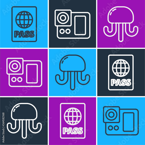 Set line Passport, Jellyfish and Photo camera icon. Vector.