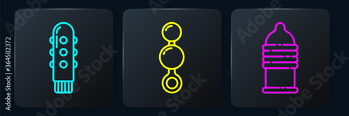 Set line Dildo vibrator, Condom safe sex and Anal beads. Black square button. Vector.