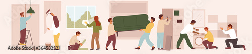 Panorama showing assorted technicians and workmen doing repairs and maintenance in the home and office, colored vector illustration