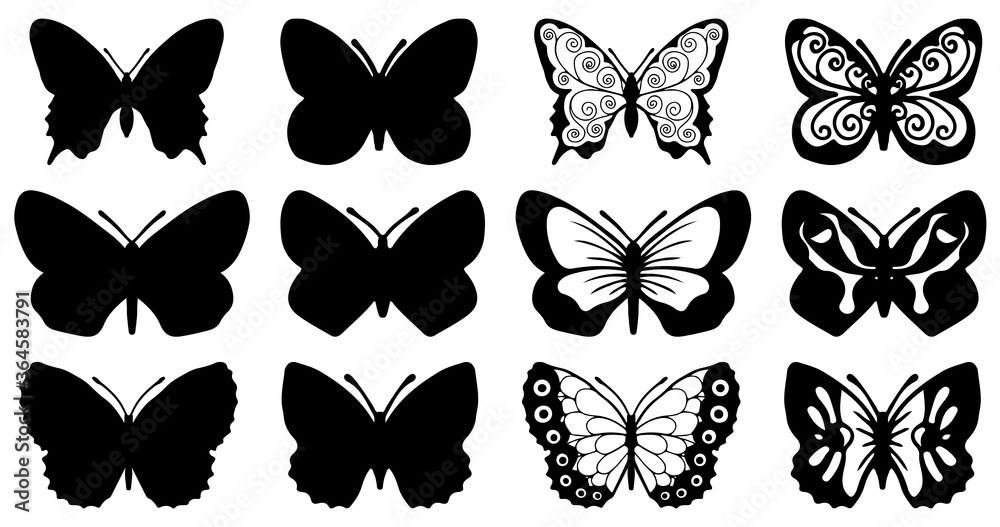 Butterflies carve, shadow and line set, Vector illustration. Butterflies carve, shadow and line set, Vector illustration.
