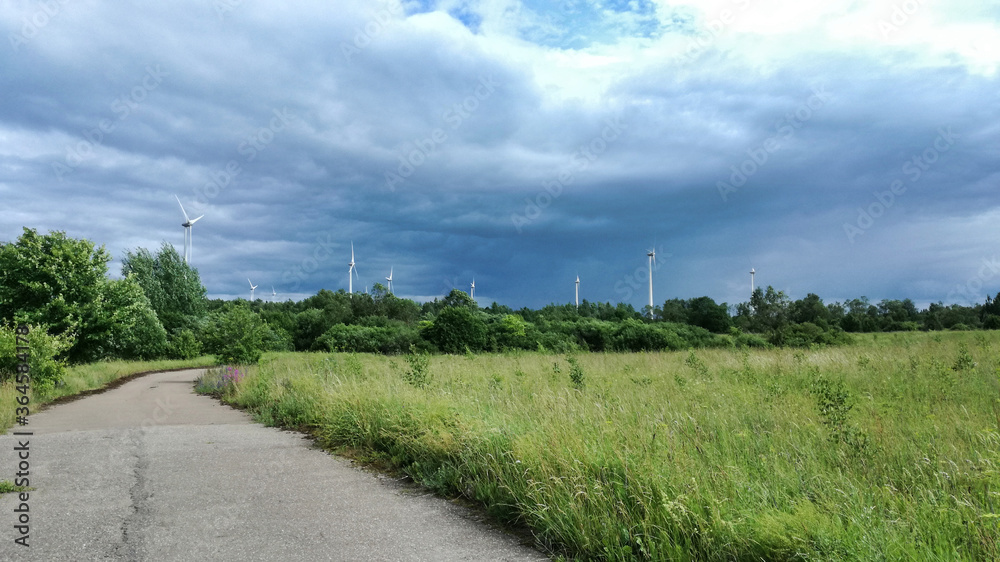 Landscape: old road, meadow, rain clouds, green bushes and wind power generators.