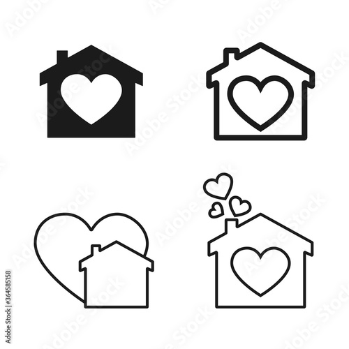 house icons with heart silhouettes and lines in black and white, symbol of love at home, vector illustration on a white background