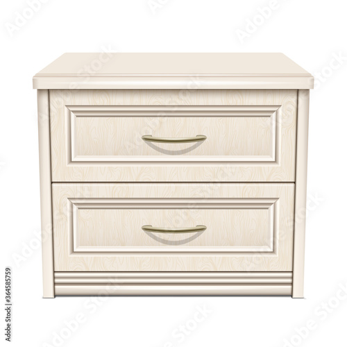 The bedside table is wooden, white with metal handles. Mockup for home interior. Isolated on a white background. Vector illustration.