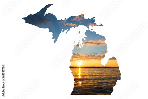 Outline of the state of Michigan with photo of Michigan lake.