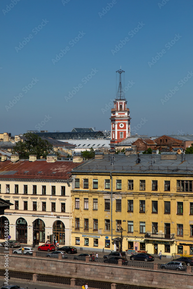 Top view of the City Council Tower and the roofs of houses on Nevsky Prospect