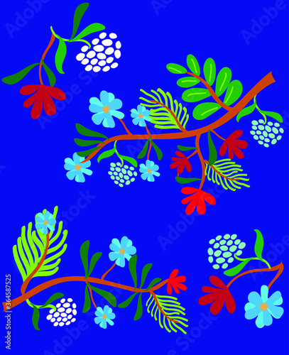 Summer graphics with tropical leaves and colorful flowers. Spring summer collection. Flat graphic. Seamless pattern