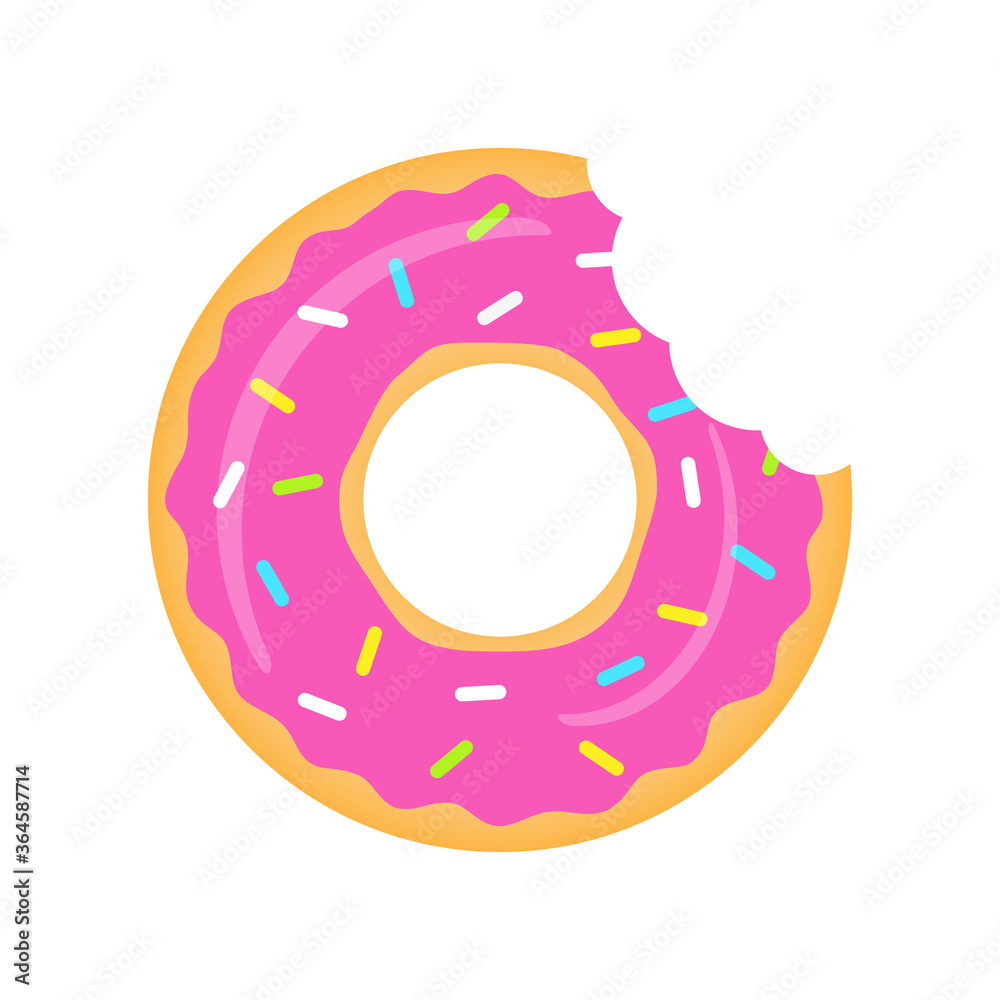 Pink donuts vector isolated on white. Donuts with a mouth bite. Sweet donuts with strawberry glaze illustration. Pink donuts vector isolated on white. Donuts with a mouth bite. Sweet donuts with strawberry glaze illustration.