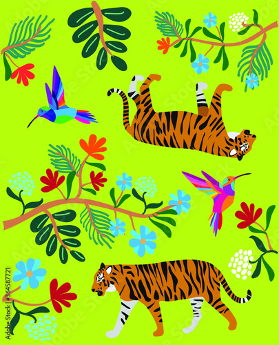 Summer graphics with tropical leaves, tiger, birds and colorful flowers. Spring summer collection. Flat graphic. Seamless pattern