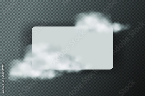 White vector cloudiness ,fog or smoke with white rectangle banner.Cloudy sky or smog over the city.Vector illustration.