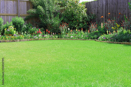 Fototapeta Naklejka Na Ścianę i Meble -  garden with flowers and shrubs and a green lawn surrounded by a wooden fence.