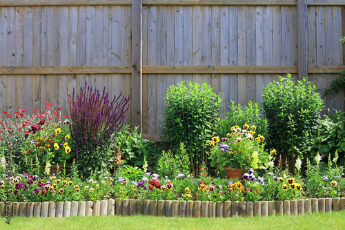 Fototapeta Naklejka Na Ścianę i Meble -  wooden fence with flowers and shrubs.