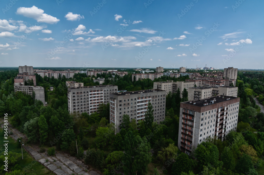 Panorama of Prypiat city, Chernobyl exclusion Zone. Chernobyl Nuclear Power Plant Zone of Alienation in Ukraine
