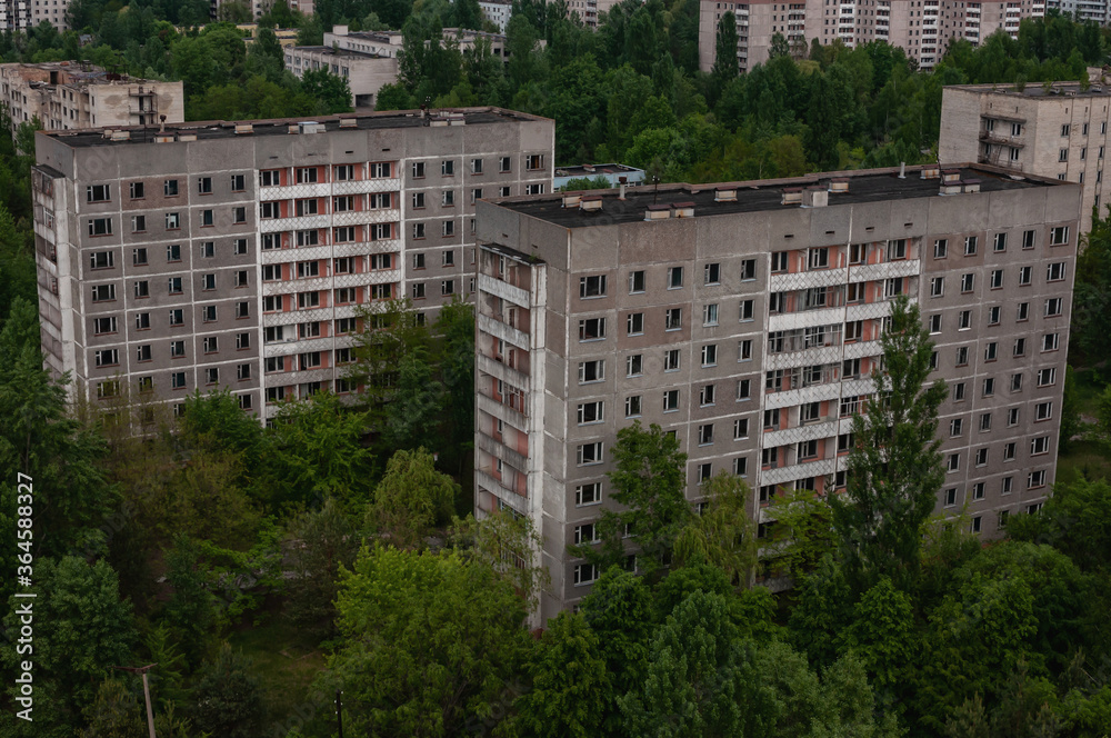 Panorama of Prypiat city, Chernobyl exclusion Zone. Chernobyl Nuclear Power Plant Zone of Alienation in Ukraine