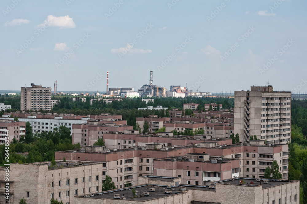 Panorama of Prypiat city, Chernobyl exclusion Zone. Chernobyl Nuclear Power Plant Zone of Alienation in Ukraine