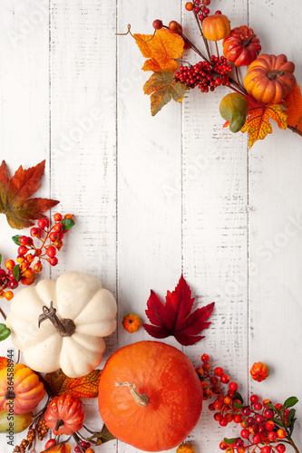 Festive autumn decor from pumpkins  berries and leaves on a white  wooden background. Concept of Thanksgiving day or Halloween. Flat lay autumn composition with copy space.