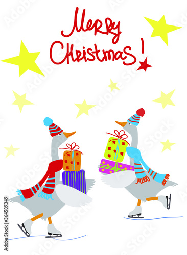 Vector illustration of a goose in hat and scarf and skates with christmas presents. Winter christmas greeting card. Flat graphic