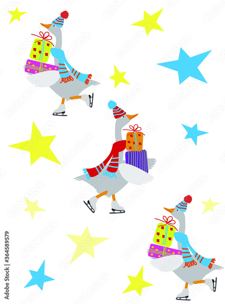 Fototapeta premium Vector illustration of a goose in hat and scarf and skates with christmas presents. Winter christmas greeting card. Flat graphic